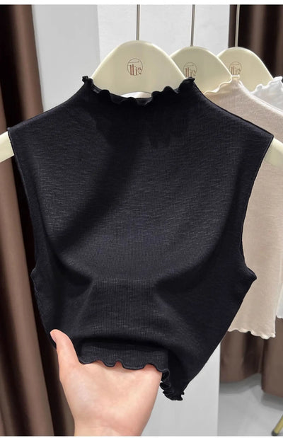 2025 Ruffled Knitted Top Women Y2K Tank Top Half Neck Vest Female Sleeveless Sweater Chic Soft Streetwear Solid Skinny Tube Top
