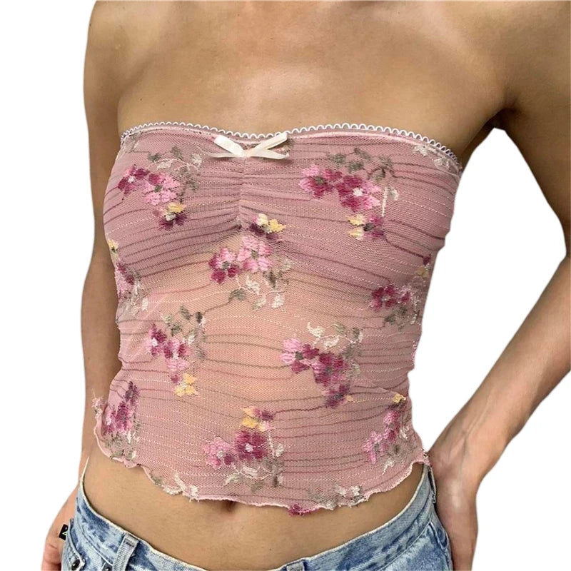 Xingqing y2k Off Shoulder Top Women Fairy Grunge Clothes Summer Sleeveless Lace Trim Patchwork Strapless Tshirt 2000s Streetwear