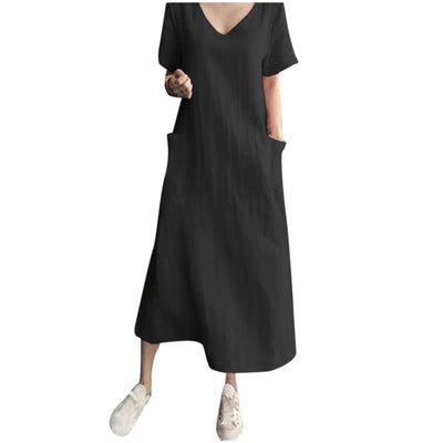 2024 Summer Dresses Qutfits Causal Dress Short Sleeved Cotton Linen V Neck Dress With Pocket Loose Comfy Dresses Vestidos