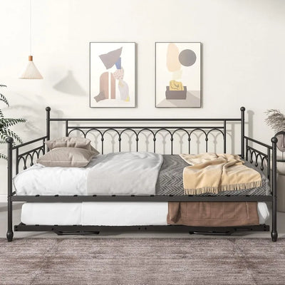 Twin Daybed with Trundle and Storage Bag Metal Daybed with Pop Up Trundle Day Bed Farm with Steel Slat port Sofa Bed for Teens
