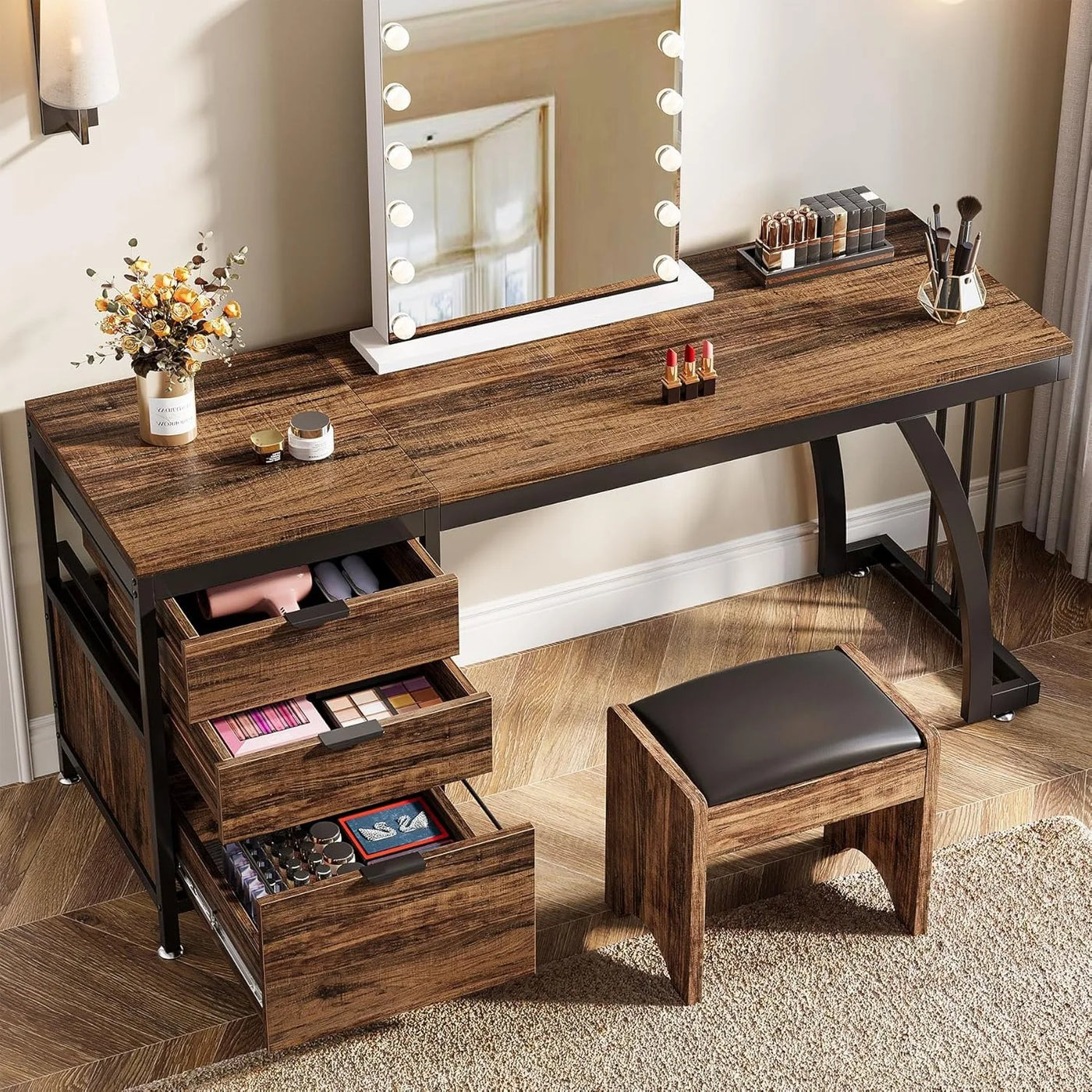 Vanity Desk with 3 Drawers, 59-Inch Large Dressing Table with Reversible Drawers, Chic Makeup Desk(Rustic Brown) (Only Desk)