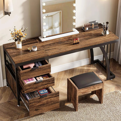 Vanity Desk with 3 Drawers, 59-Inch Large Dressing Table with Reversible Drawers, Chic Makeup Desk(Rustic Brown) (Only Desk)