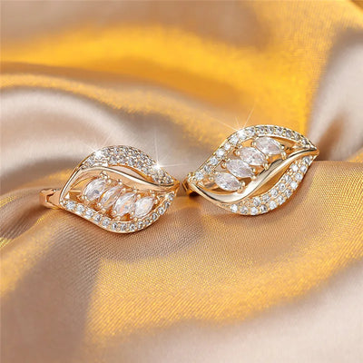 Cute White Zircon Stone Leaf Hoop Earrings For Women Female Gold Color Wedding Jewelry Gift