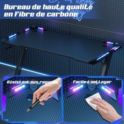 LED Gaming Desk 120 x 60 cm, Gaming Desk with RGB Light, Cup Holder and Hook for Headphones, Ergonomic Computer Table