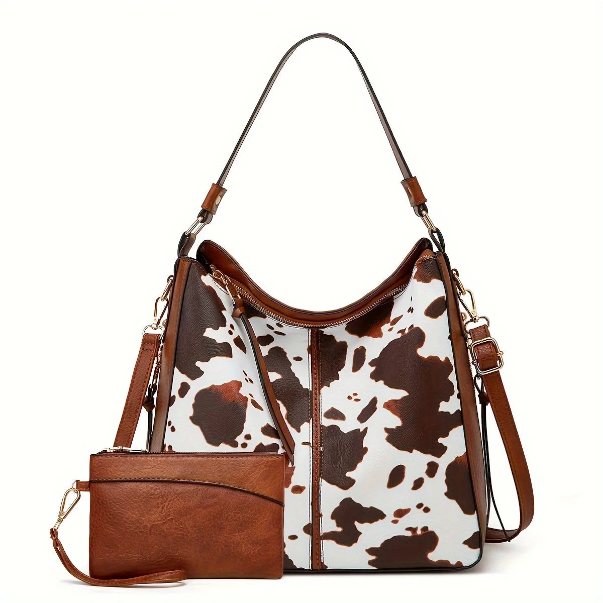 2PC Set Purses Tote Bag For Women, Handbags PU Leather Large Shoulder Bag,  Cow Pattern Work Bags With Multi-Pockets