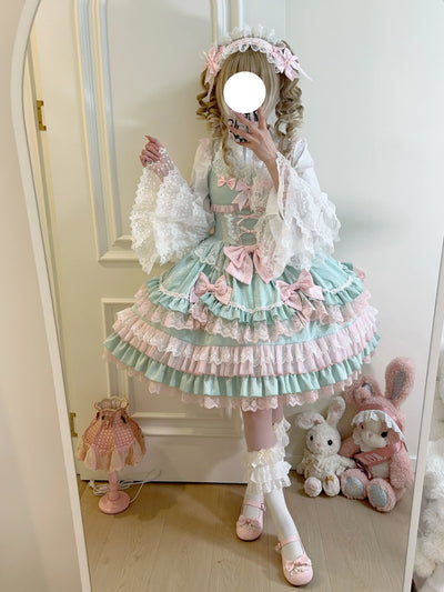 Original Lolita Dress Set Doll Feeling Girl Women's Sweet Jsk Suspender Dress Princess Fairy Lace Bow Sling Cake Dresses