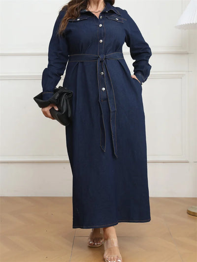 Wmstar Plus Size Denim Dresses for Women Button Solid Long Fashion Elegant Maxi Dress Fall Winter Clothes Wholesale Dropshipping