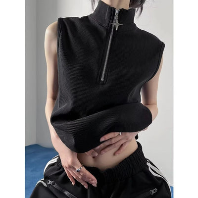 Gothic Tank Top Men and Women Harajuku Punk Vintage Stand Neck Zipper Streetwear Sleeveless Tanks Y2k Aesthetic Solid Camisoles