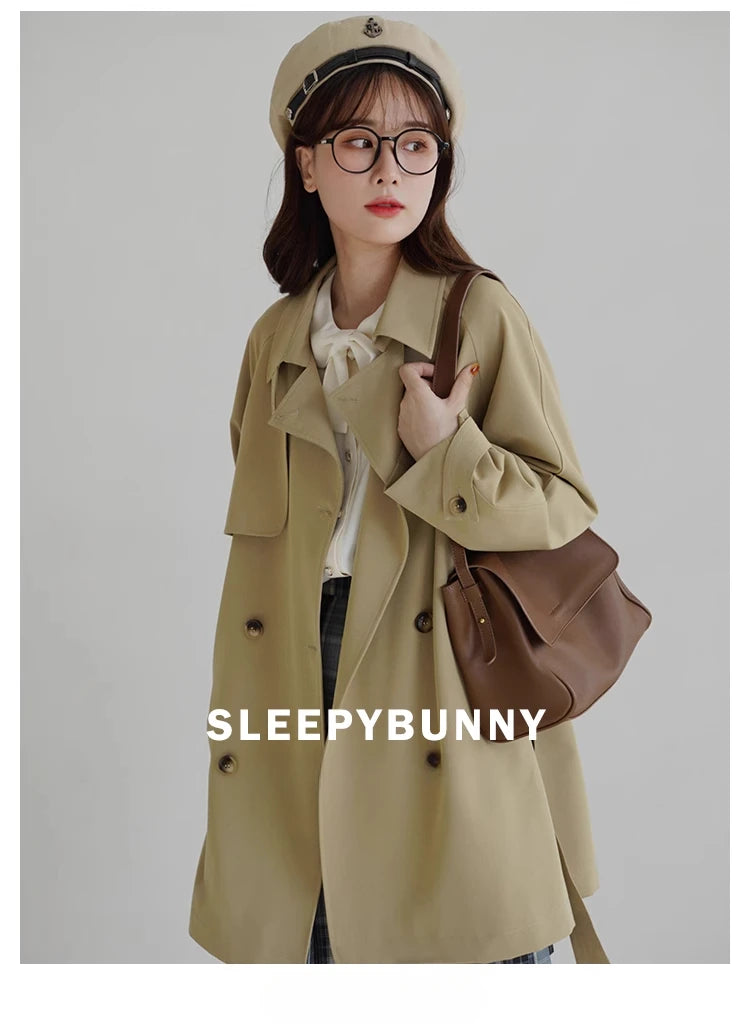 Women Spring Fall Short Trench Coat Korean Style Loose Fit Casual Khaki Jacket Petite-Friendly Versatile and Stylish Outerwear