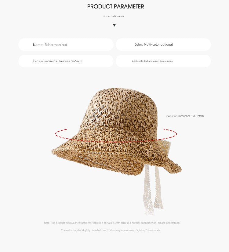 Straw Hat Female Summer New French Woven Bows Sun-Proof Bucket Hat Fresh Beach Trip Vacation Sun Hat