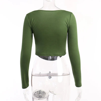 2022 Square Collar Long Sleeve Casual Women T Shirts Green Autumn Skinny Sexy Solid Basic Crop Tops Fashion Streetwear