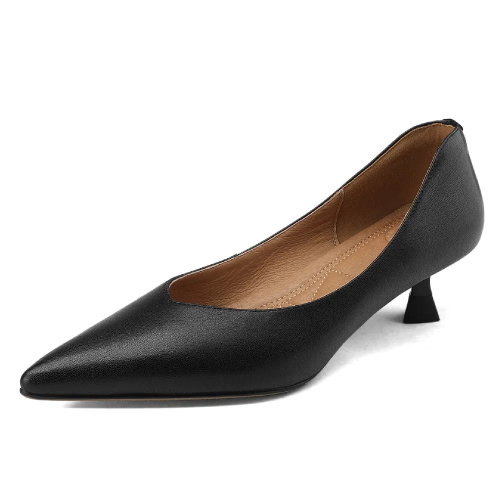 plus size 34-42 women's genuine leather 4.5cm kitten heel pointed toe slip-on pumps elegant ladies low heeled shoes
