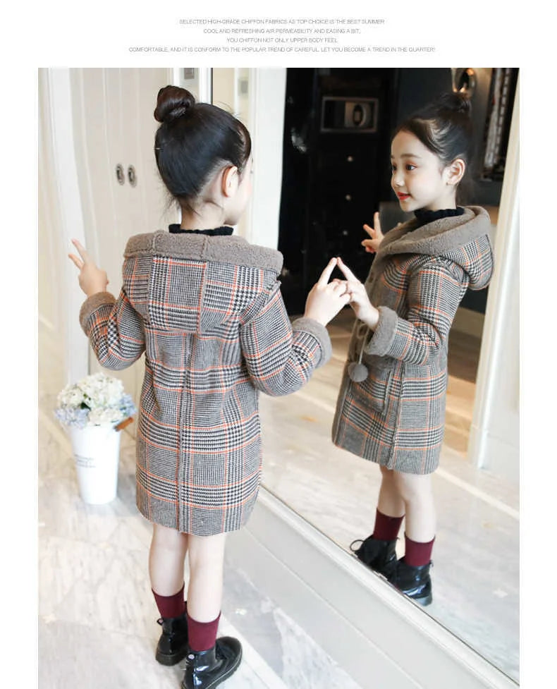 Autumn Winter Girls Hairy Coat Fashion Design Long Coat for Girls Kids Outerwear Grid Pattern Warm Winter Jacket Coats 4-12T