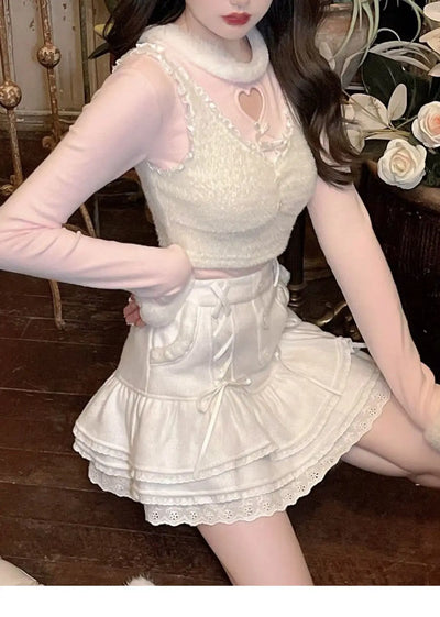 Y2k Aesthetic Heart Hollow Out T-shirts Casual O Neck Bow Patchwork Slim Tee Shirts Femme Puff Sleeve Kawaii Sweet Harajuku Tops