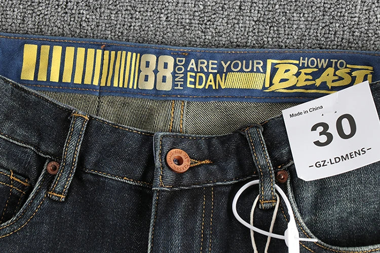 Vintage wash blue to do old simple embroidered jeans men fit small straight leg American trend personality youth pants