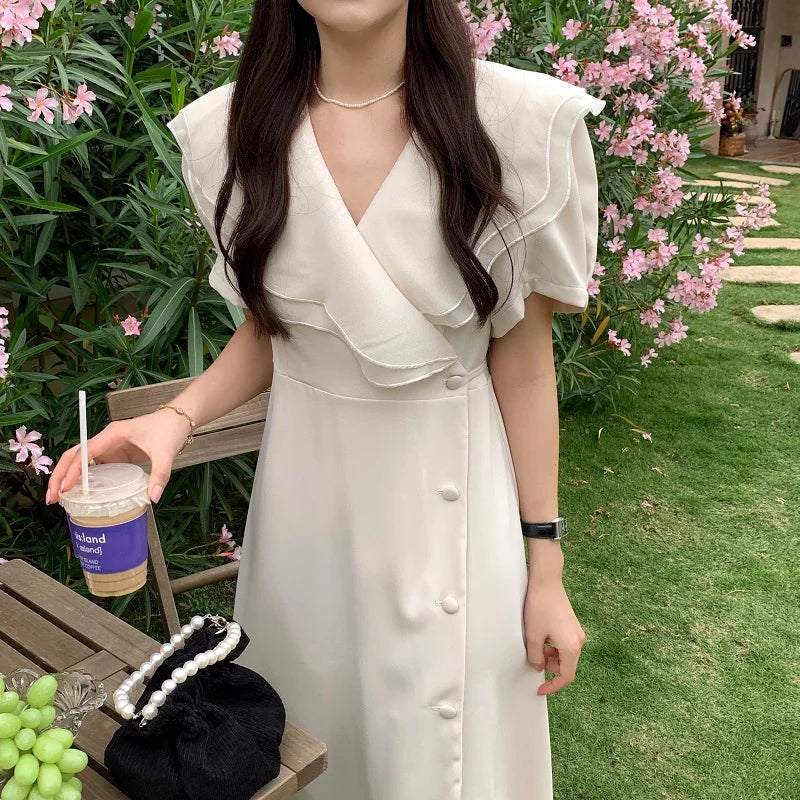 Women Summer Vintage Long Wrapped Dress 2024 New Female Double Layer Ruffled Collar Lacing Up Slim Waist Sundress