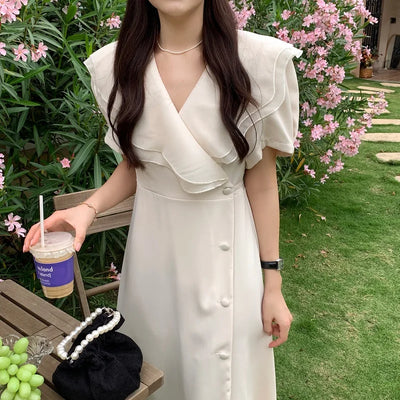 Women Summer Vintage Long Wrapped Dress 2024 New Female Double Layer Ruffled Collar Lacing Up Slim Waist Sundress