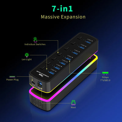 RGB USB 3.0 Hub 7 Ports Data Port Adapter 5Gbps Individual On/Off Switch Splitter Gaming USB Hub For Laptop PC Computer Accessor