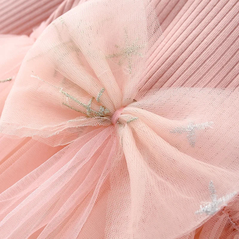 Girls' Long Sleeved Dress Spring And Autumn Bow Glittering Mesh Spliced Knitted Princess Party Birthday Dress