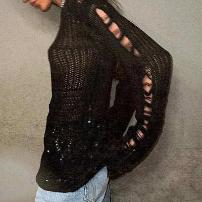 Women's Vintage Gothic Hollow Knit Sweater with Ripped Holes Grunge Y2K Style Thin Long Sleeve Loose Fit Summer Top in Black