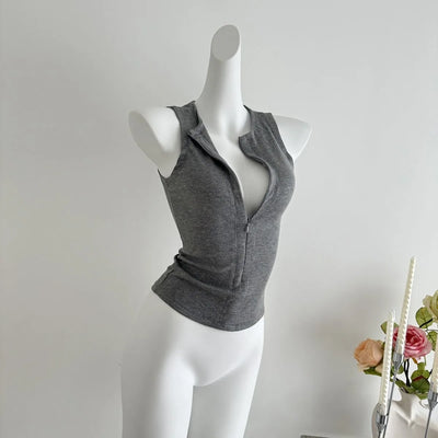 Women's Sleeveless Zip-Up Crop Top Korean Style Slim Fit Summer Vest Sexy Casual Camisole for Women Fashion Streetwear Basic Tee