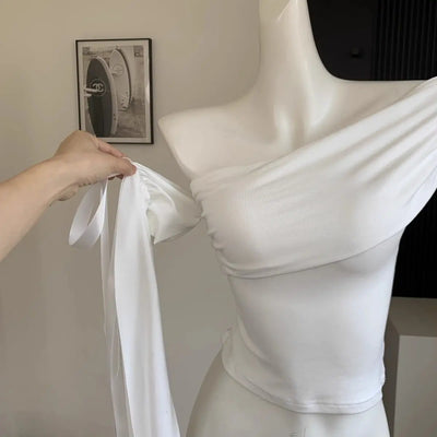 2025 New Sexy Off Shoulder Tops Women Ruffle Sleeve Asymmetric Slim Fit Short Sleeve T-Shirt Y2K Summer Fashion Elegant Clothes
