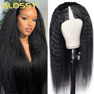Kinky Straight 3 In 1 Half Wigs 100% Human Hair Brazilian Glueless Seamless Flip Over Yaki Straight V Part Wig Beginner Friendly