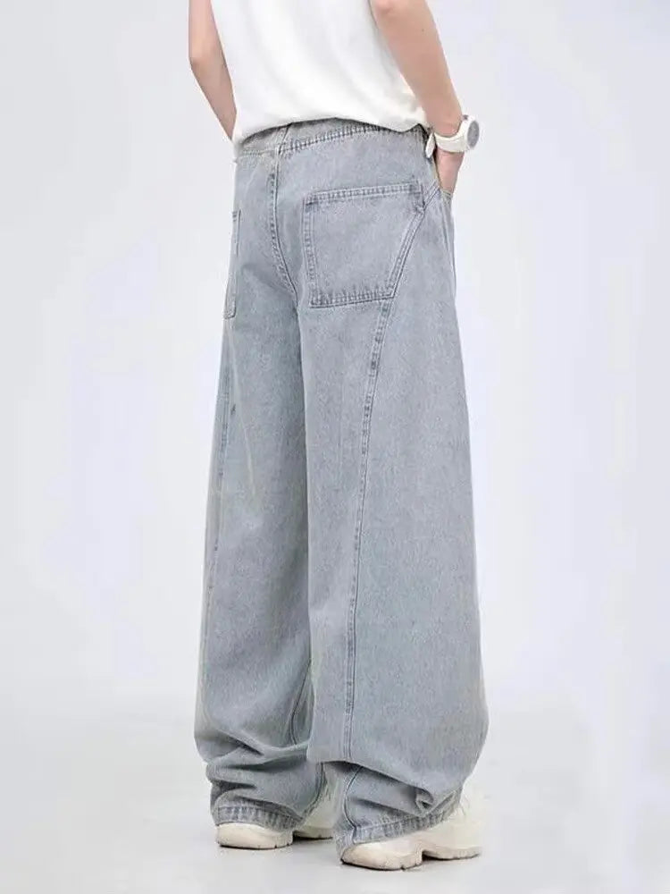 American Retro Washing Scimitar Jeans Men's High Street Vibe Ripped Design Wide-leg Trousers Handsome Casual Pants Jeans for Man