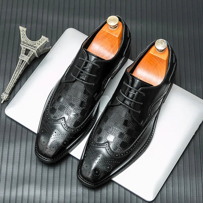 High End Brand Interview Office Business Shoes British Style Blue Brogue Shoes Massage Soles Men's Wedding Square Toe Shoes