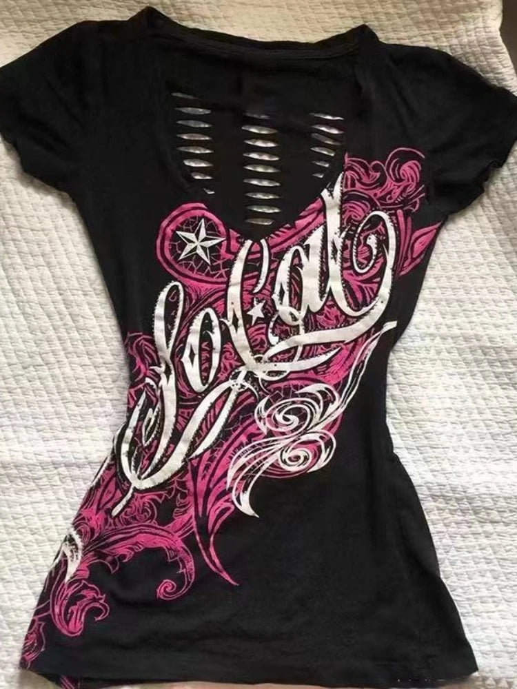 Summer Japanese Retro Hollow Out Design Clothing Women Y2k Tees Punk Slim Short Sleeve T-shirt Gothic Harajuku Zipper Tops New