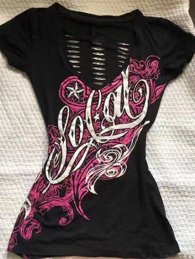 Summer Japanese Retro Hollow Out Design Clothing Women Y2k Tees Punk Slim Short Sleeve T-shirt Gothic Harajuku Zipper Tops New