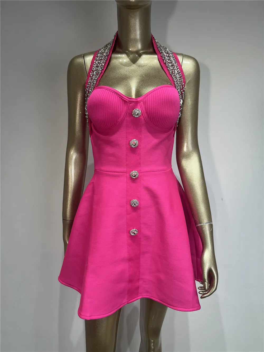 Black Rose Knitted Bandage Dress Women Summer Fashion Diamonds Halter Single Breasted A Line Mini Dress Celebrity Evening Party