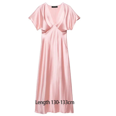 TRAF 2025 Woman Fashion Silk Texture Midi Dress Casual Slim Short Sleeve V Neck Midi Long Dresses Vestidos Mujer