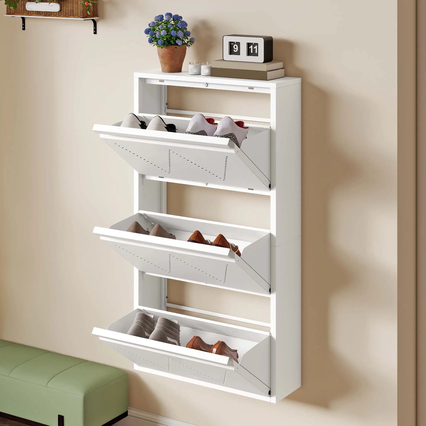 Thin 3-Drawer Shoe Cabinet - Space-Saving Steel Design with Ventilation for Entryway/Hallway