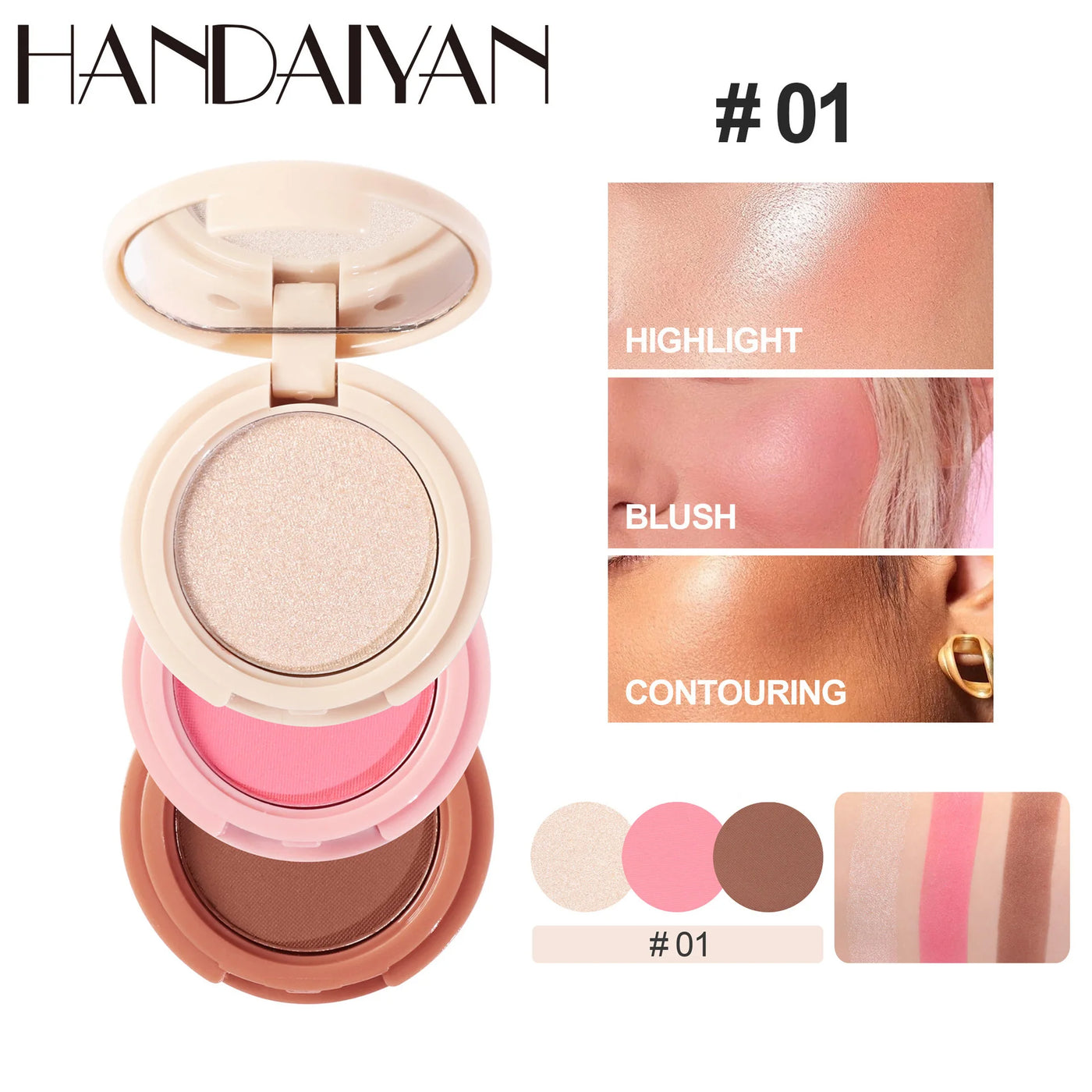 3-In-1 Face Bronzer Highlighter Makeup Palette Matte Pearlescent Blush Contouring Shadow Brighten Three-layer All-in-one Palette
