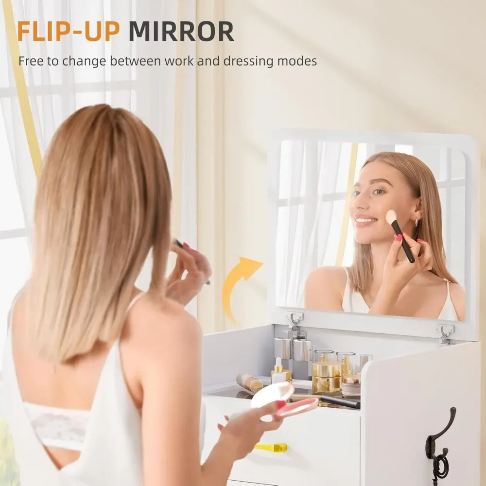 3 in 1 Vanity Desk with Flip Top Mirror,Small Make Up Vanity Set with Visible Glass Desktop,Compact Makeup Vanity with 3