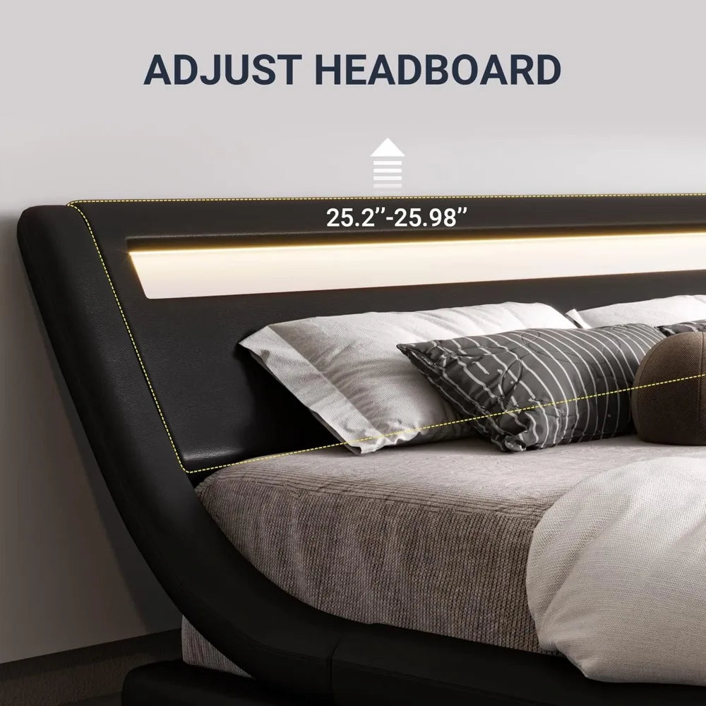 queen size led platform bed frame with adjustable headboard/no box spring need/easy assembly/faux leather in black