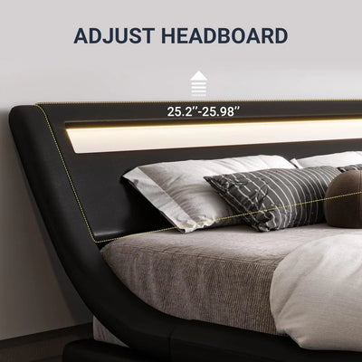 queen size led platform bed frame with adjustable headboard/no box spring need/easy assembly/faux leather in black