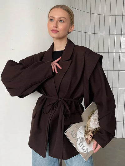 Retro Brown Belted Blazer Coats Women's Fashion Lapel One Button Oversized Jackets 2025 Autumn Office Commute Street Outerwears