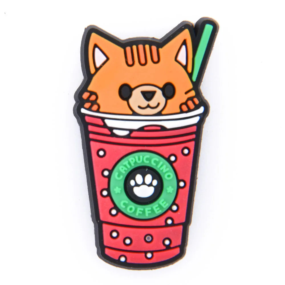 1pc Cute Cartoon Cat Coffee Cup PVC Shoe Charms Buckle Clogs Accessories for Girls Sandals Decoration Kids Gift