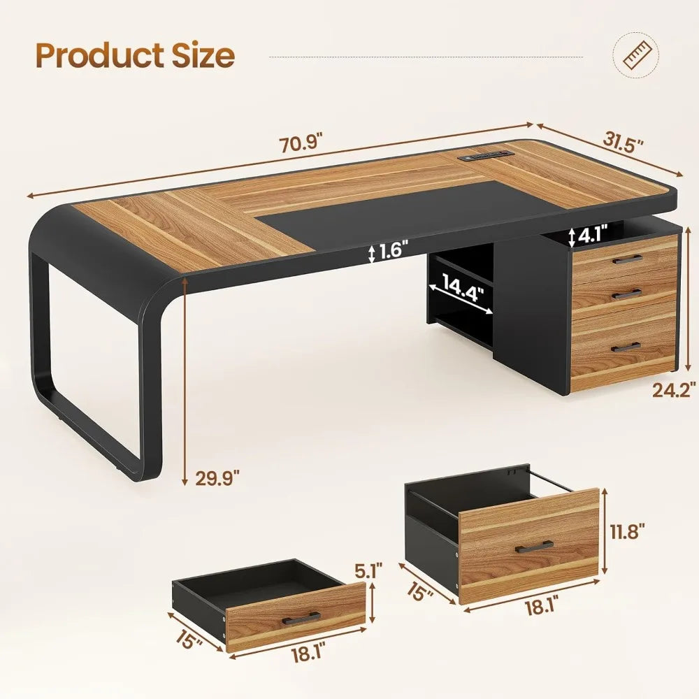 70.9" Executive Desk, Office Desk with Drawers and Lateral File Cabinet, Computer Desk with Removable Shelves and Power Outlet,