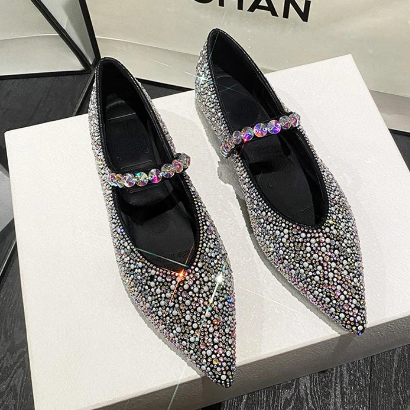 Luxury Designer Glitter Mule Pumps Women Pearl Pointed Toe Mary Jane Shoes Comfy Loafers Fashion Rhinestone Flat Bridal Shoes