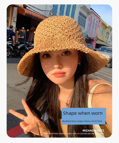 Straw Hat Female Summer New French Woven Bows Sun-Proof Bucket Hat Fresh Beach Trip Vacation Sun Hat