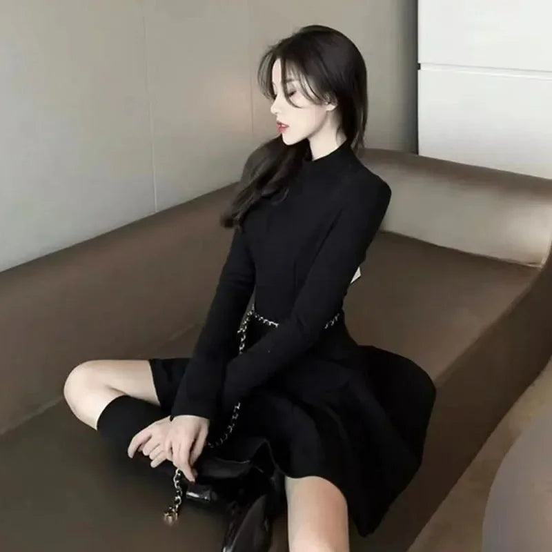 Xpqbb Women Elegant Waist-Tight Mini Dress 2025 Autumn Winter Long Sleeve Slim Dresses Woman Korean Fashion Party Pleated Dress