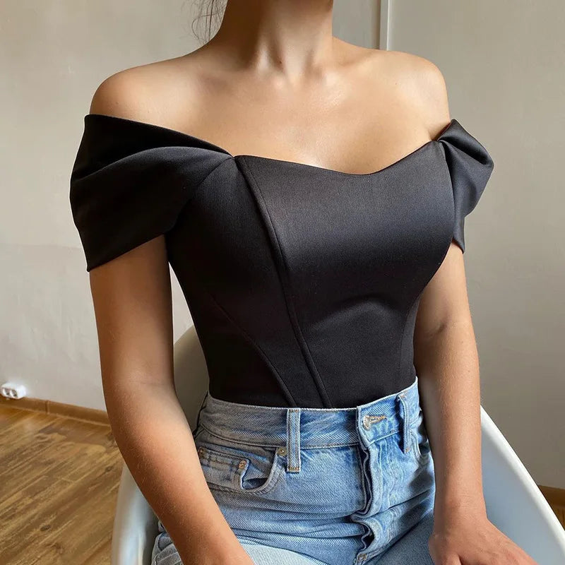 Cryptographic Off Shoulder Satin Sexy Backless Bustier Corset Crop Tops Women Sleeveless Summer Top Cropped Club Fashion Outfits