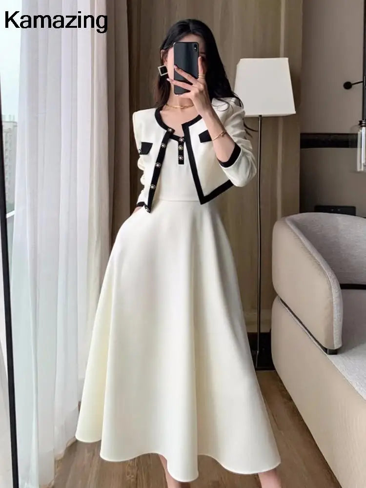 Elegant Solid Midi Dress 2 Piece Set Office Lady Chic Suit Spring Short Jacket Sleveless A-line Dresses Outfits Korean Clothes