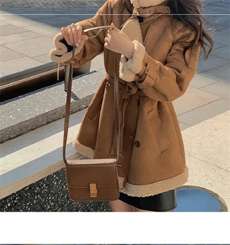 2024 Autumn Winter New Medium Long Double-breasted Lambswool Suede Woolen Coat Women Add Velvet Padded Warm Fur One Woolen Coats