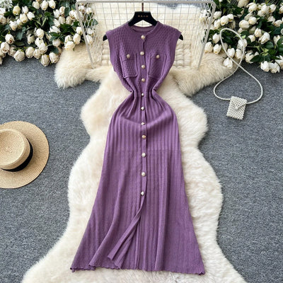 Women's Round Neck Sleeveless Dress Single-breasted Chic Elasticated Waist Slim Long Skirt   New High Quality Knitted Dress