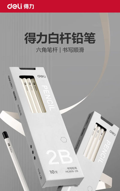 Deli HC809 HB/2B White Hexagonal Pencil 10pcs/Set Safe and Non toxic Stationery Supplies,Suitable for Elementary School Students