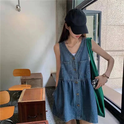Women's sleeveless halter dress  Summer Single Breasted Pocket Denim Dress  Women's Korean loose A-line mini dresses